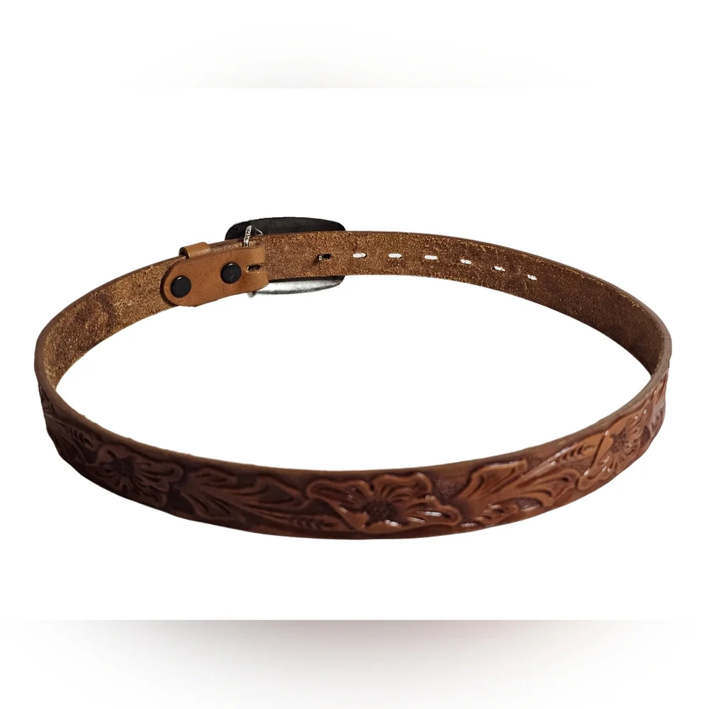 Vtg Brown Leather Tooled Belt  Silver-toned Horse Buckle Youth Child Equestrian
